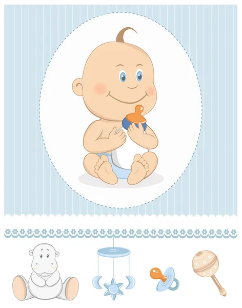 Cartoon babyjongen met melk fles en speelgoed pictogrammen — Stockvector