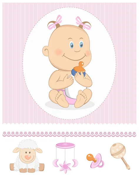 Meisje van de baby van de tekenfilm met melk fles en speelgoed pictogrammen — Stockvector