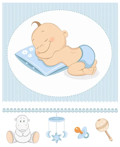 Sleeping baby boy arrival announcement — Stock Vector
