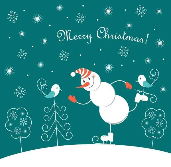 Patinage de Noël bonhomme de neige heureux — Image vectorielle