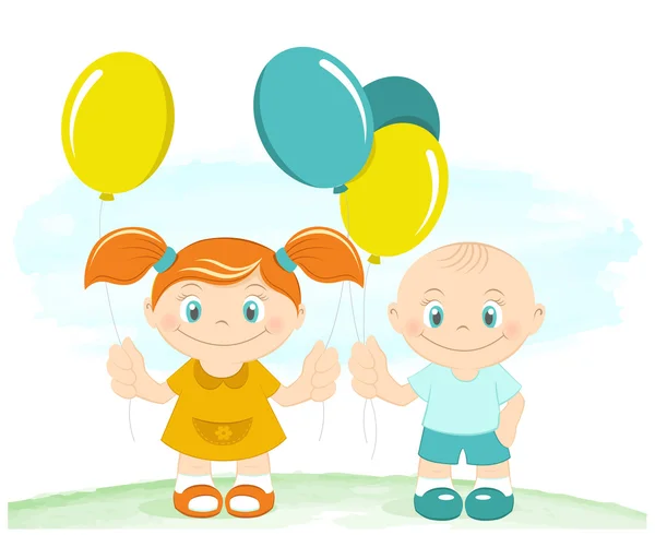 Gelukkige jongen en meisje met speelgoed ballonnen — Stockvector