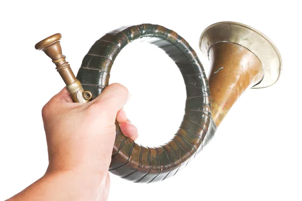 Old bugle in hand — Stock Photo, Image