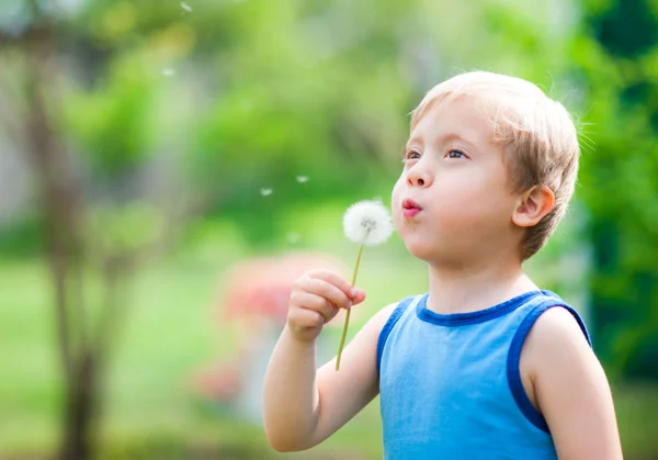 Boy with dandelion in nature — Stock Photo, Image
