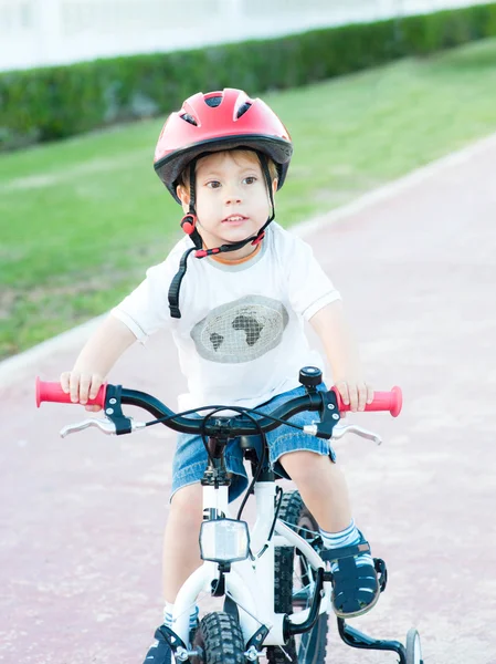 Um menino em uma bicicleta em um fundo da natureza — Fotografia de Stock