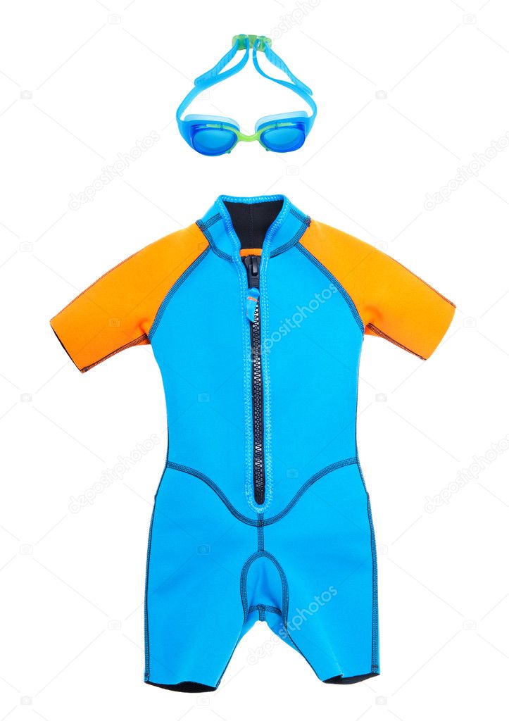 Bathing suit and goggles for swimming on a white isolated background