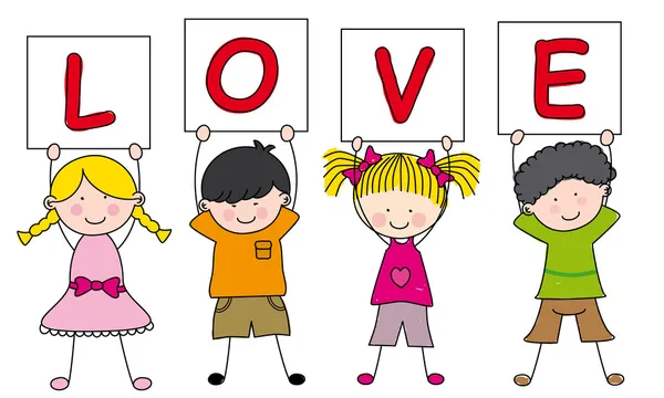 Τα παιδιά με την ταμπέλα της αγάπης — Διανυσματικό Αρχείο