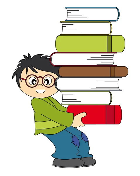 Niño con un conjunto de libros — Vector de stock