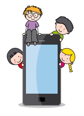 Children with a mobile phone clipart