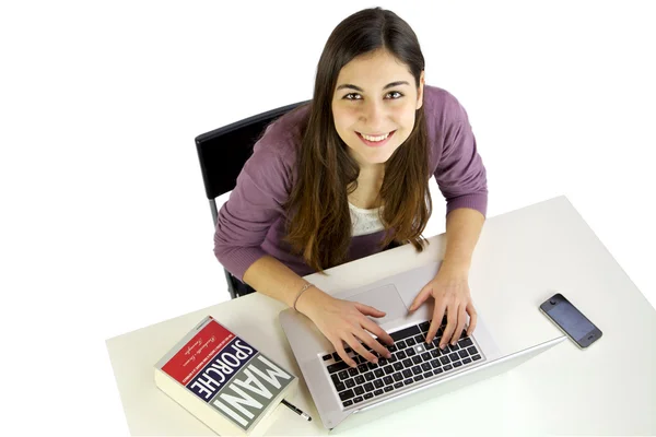 Smiling girl working with computer — Stock Photo, Image