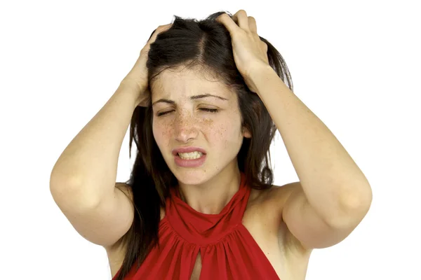 Mladá žena v bolesti kvůli silné bolesti hlavy — Stock fotografie