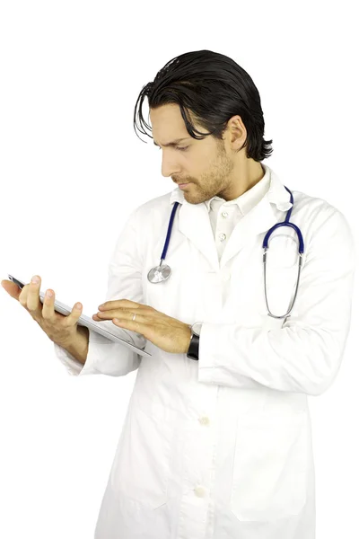 Cool läkare arbetar med tablett — Stockfoto