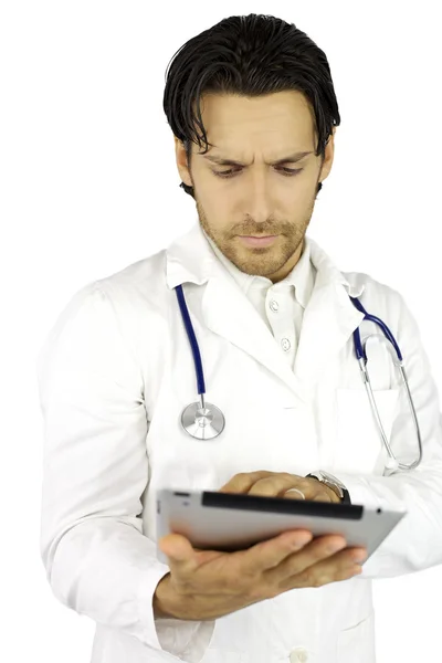 Doctor working with tablet very serious — Stock Photo, Image