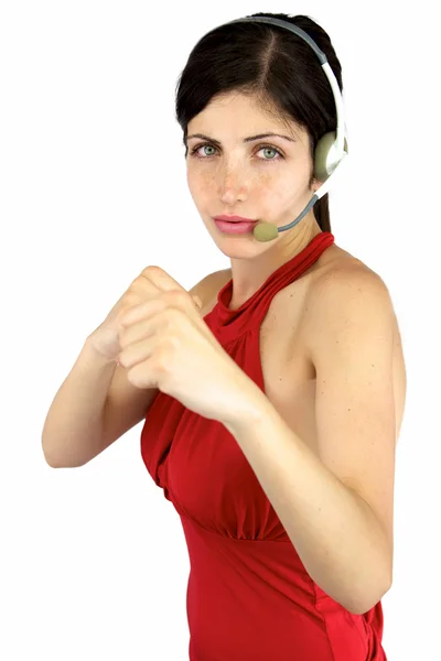 Beautiful call center girl ready to fight — Stock Photo, Image