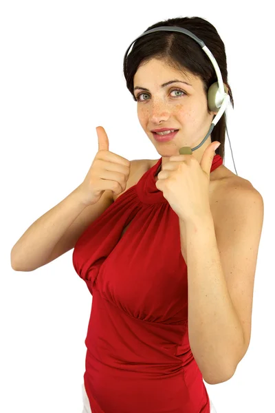 Beautiful call center girl with thumbs up — Stock Photo, Image
