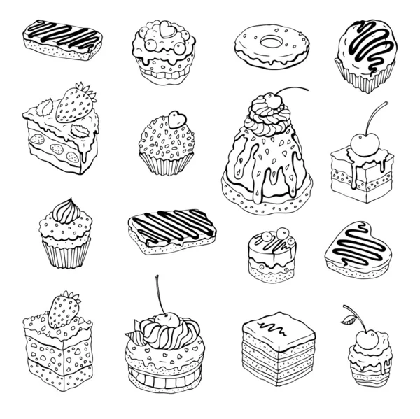 Набор милых тортов. Контурная иллюстрация — стоковый вектор