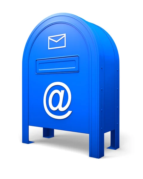 Boîte aux lettres isolée bleue avec une enveloppe et un panneau AT — Photo