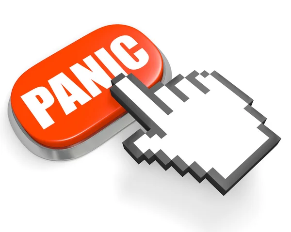 Oval red button PANIC and hand cursor — Stock Photo, Image