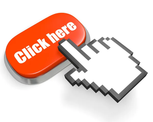 Oval red button "Click here" and hand cursor — Stock Photo, Image