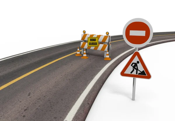 Carretera con dos señales y barrera —  Fotos de Stock