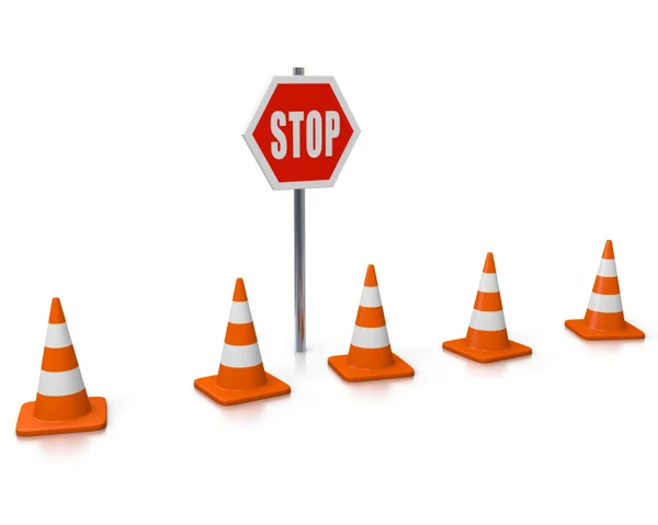 Fila de conos y señal STOP —  Fotos de Stock