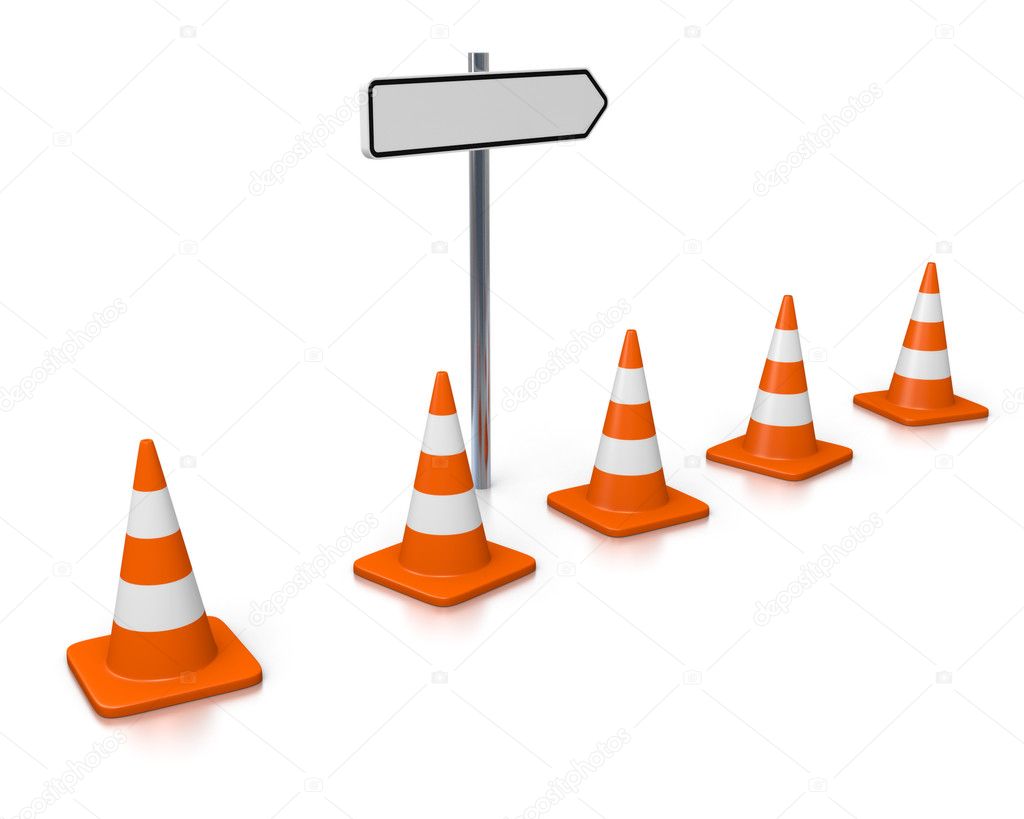 Row of cones and arrow sign
