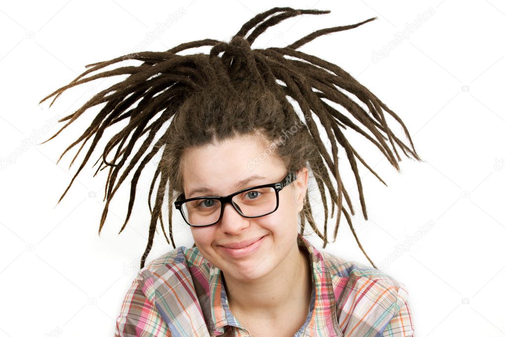 Young woman with dreadlocks wearing glasses