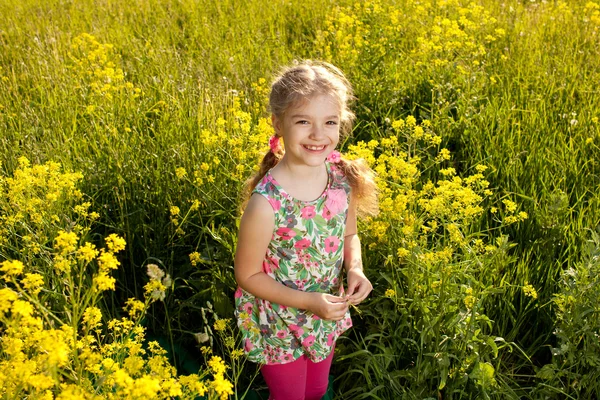 Menina engraçada entre flores silvestres amarelas — Fotografia de Stock