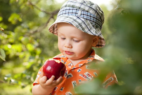 Little boy in panama with red apple — Stock Photo, Image