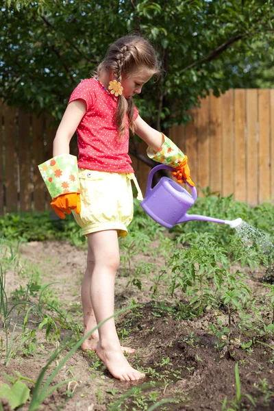 Menina molhando um jardim de canteiro de flores — Fotografia de Stock