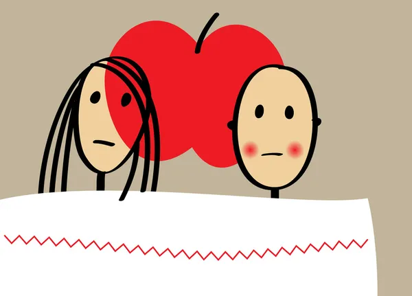 Νεαρό ζευγάρι με την apple στο κρεβάτι — Διανυσματικό Αρχείο