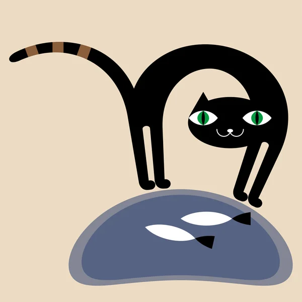 Chat noir et poissons — Image vectorielle
