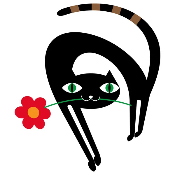 Svart katt med blomma — Stock vektor