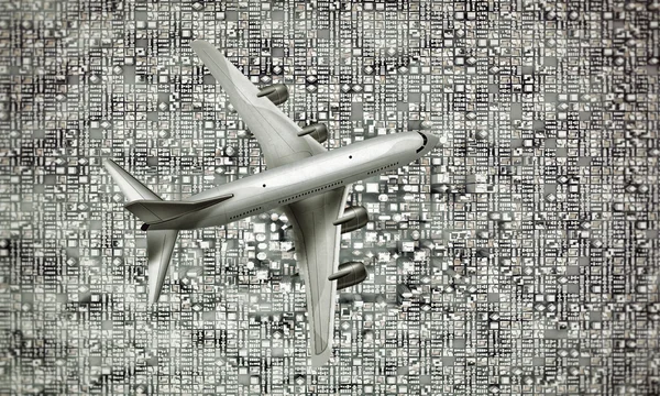 Boeing летить над центрі міста — стокове фото