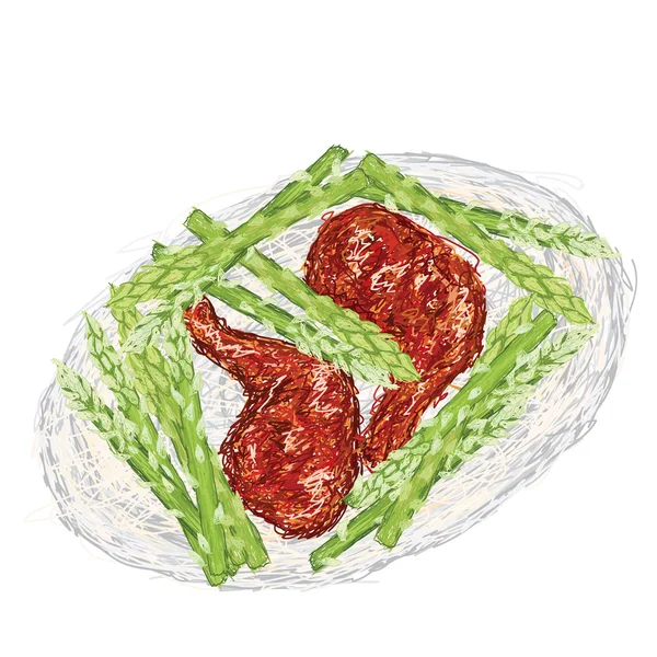 Świeżo ugotowany kurczak grill z warzyw na parze szparagi — Wektor stockowy
