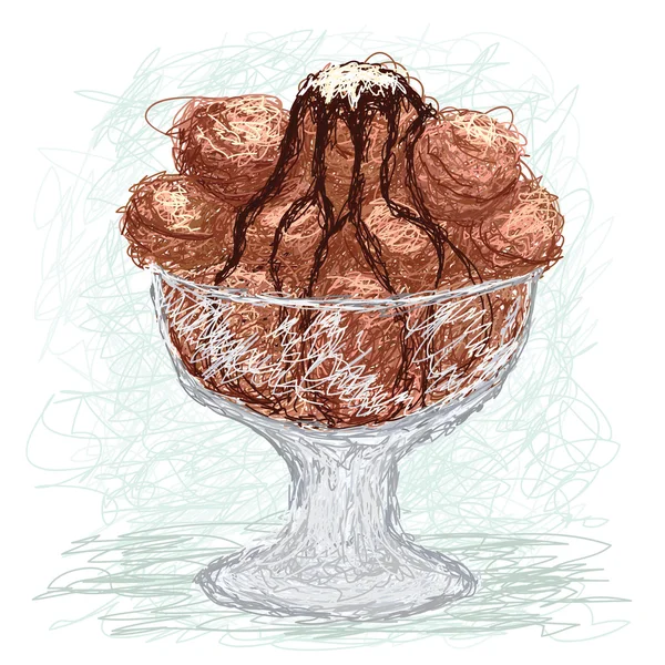 Mísa čokoládové zmrzliny s sirup na vrcholu — Stockový vektor