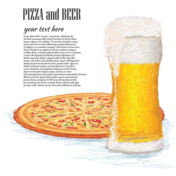 Glass of ice cold beer and a whole pizza — Stock Vector