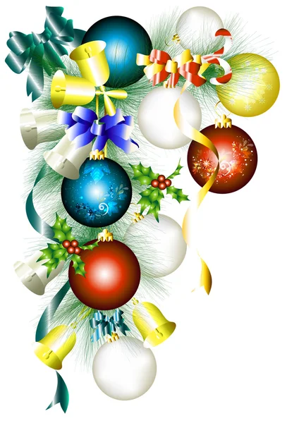 Cornice natalizia con ramo di abete, palline e campanelli — Vettoriale Stock