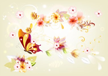 Design of greeting card with butterfly and flowers: clipart