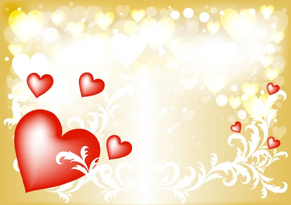 Zlaté pozadí s lesklou a červené valentinky srdce — Stockový vektor