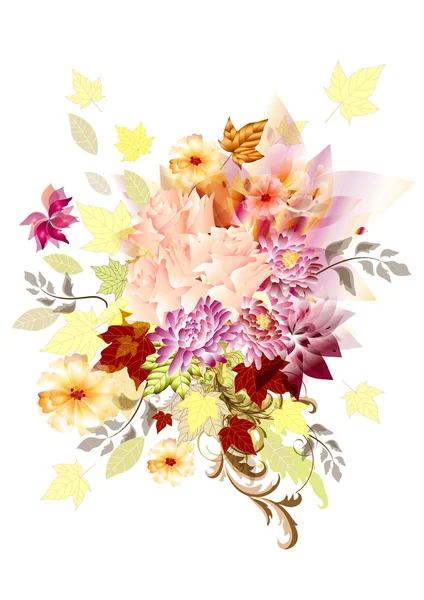 Design with bouquet from different flowers — Stock Vector