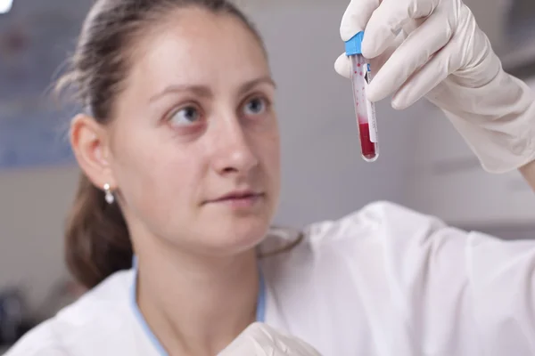 Segurando tubo de teste cheio de sangue — Fotografia de Stock