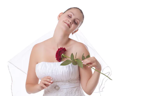 Panna młoda w białe z czerwoną różą — Zdjęcie stockowe