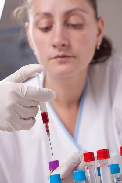 Injection de sang dans une éprouvette — Photo