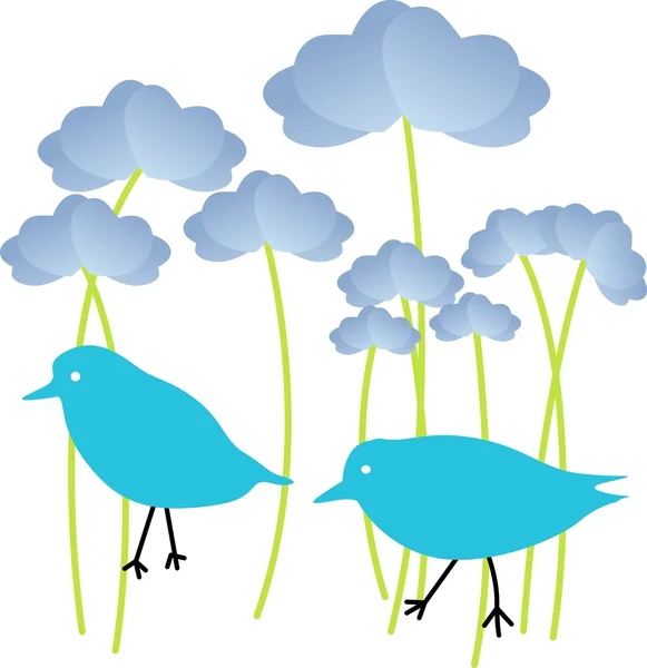 Pájaros azules en flores — Vector de stock