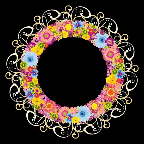 Colorful floral round frame on black background — Stock Vector