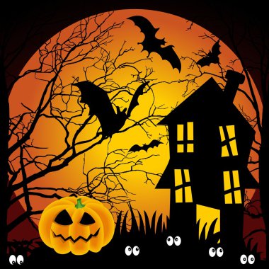 Halloween night haunted house with bats and pumpkin clipart