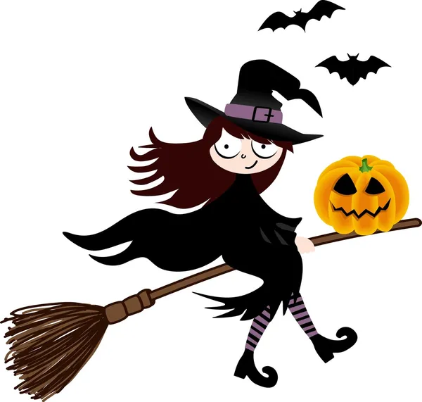 Ведьма и тыквенный Хэллоуин летят на метле — стоковый вектор
