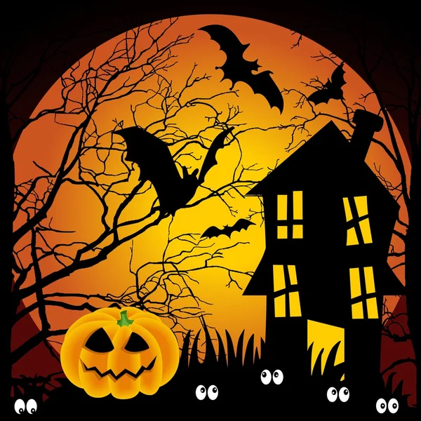 Halloween night haunted house with bats and pumpkin — Stock Vector