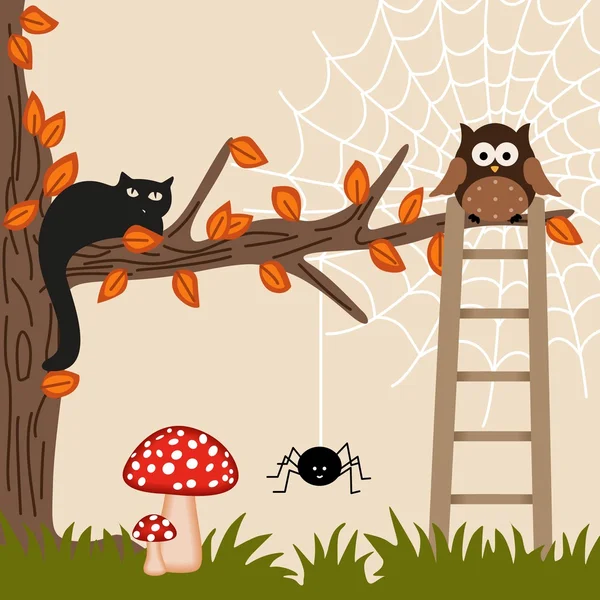 Kedi ve ağaç üzerinde baykuş — Stok Vektör