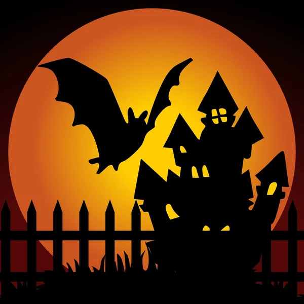 Halloween night haunted house with bat — Stock Vector